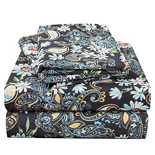 JSD Juego de sábanas Queen con Estampado Floral de Cachemira, 4 Piezas, sábanas de Microfibra Suave de 15 Pulgadas, Bolsillo Extra Profundo