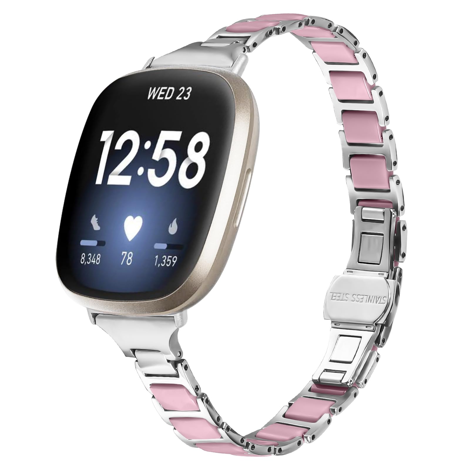 Bracelets pour Femmes Et Hommes Compatible avec Fitbit Versa 4 / Versa 3 / Sense, Bracelet De Sport De Rechange en Acier Inoxydable Compatible avec Versa Pink,1