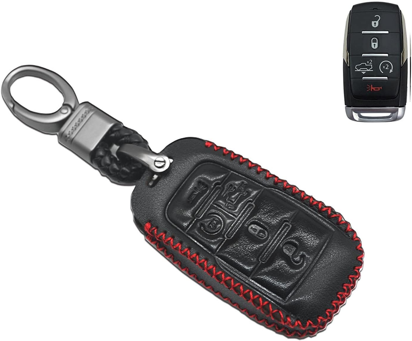 MECHCOS Compatible with RAM 1500 Truck Pickup 5 Buttons Only for Push Button Start Leather Case Key Fob Cover Keyless Remote Holder Protecter Bonus: Key Ring