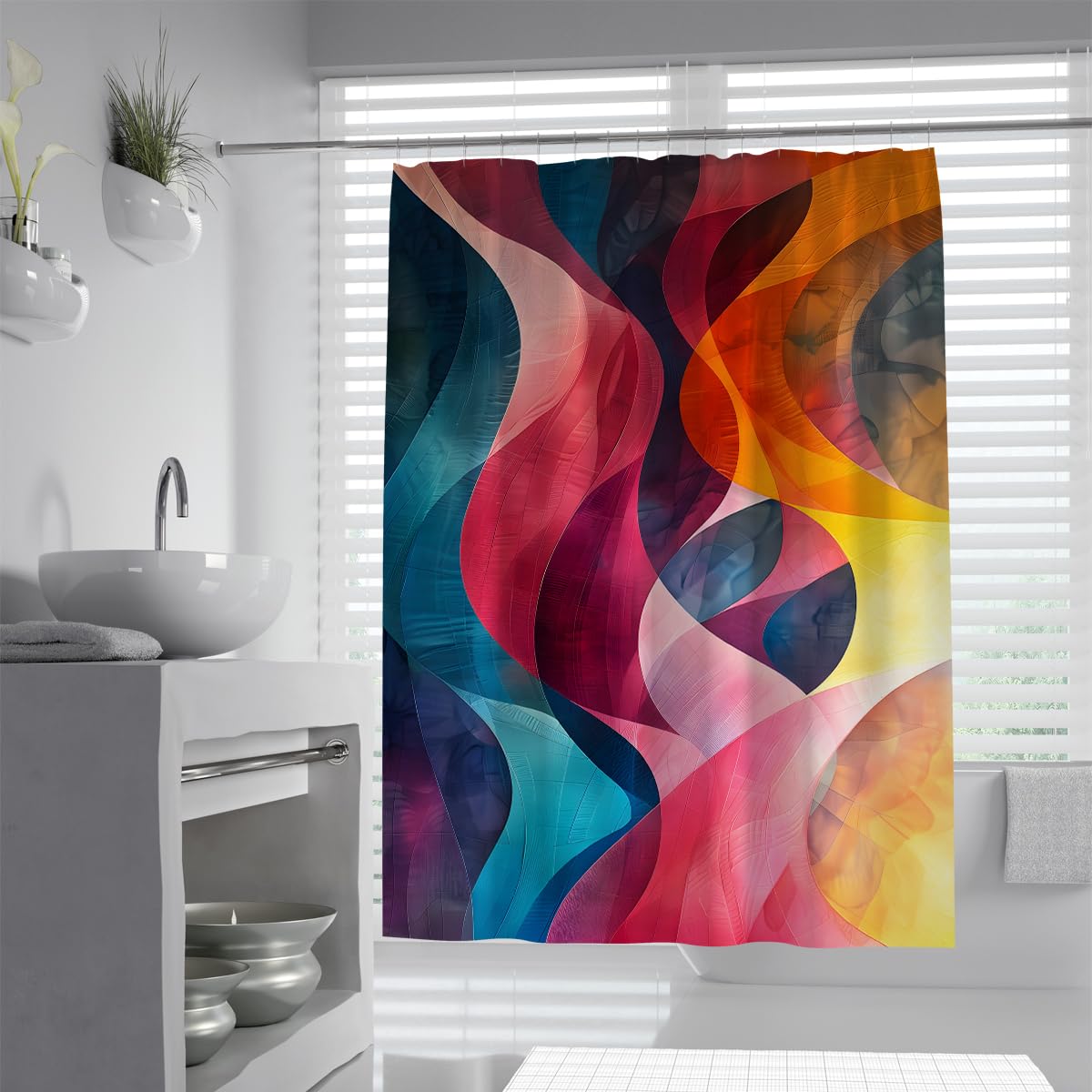 UIRINGART Shower Curtain W120xL200cm Mould Resistant Mildew Proof Modern Abstract Multicolour Ribbon Wave Magenta Teal Blue Orange Line Pattern Polyester Fabric Spa Room with Hooks