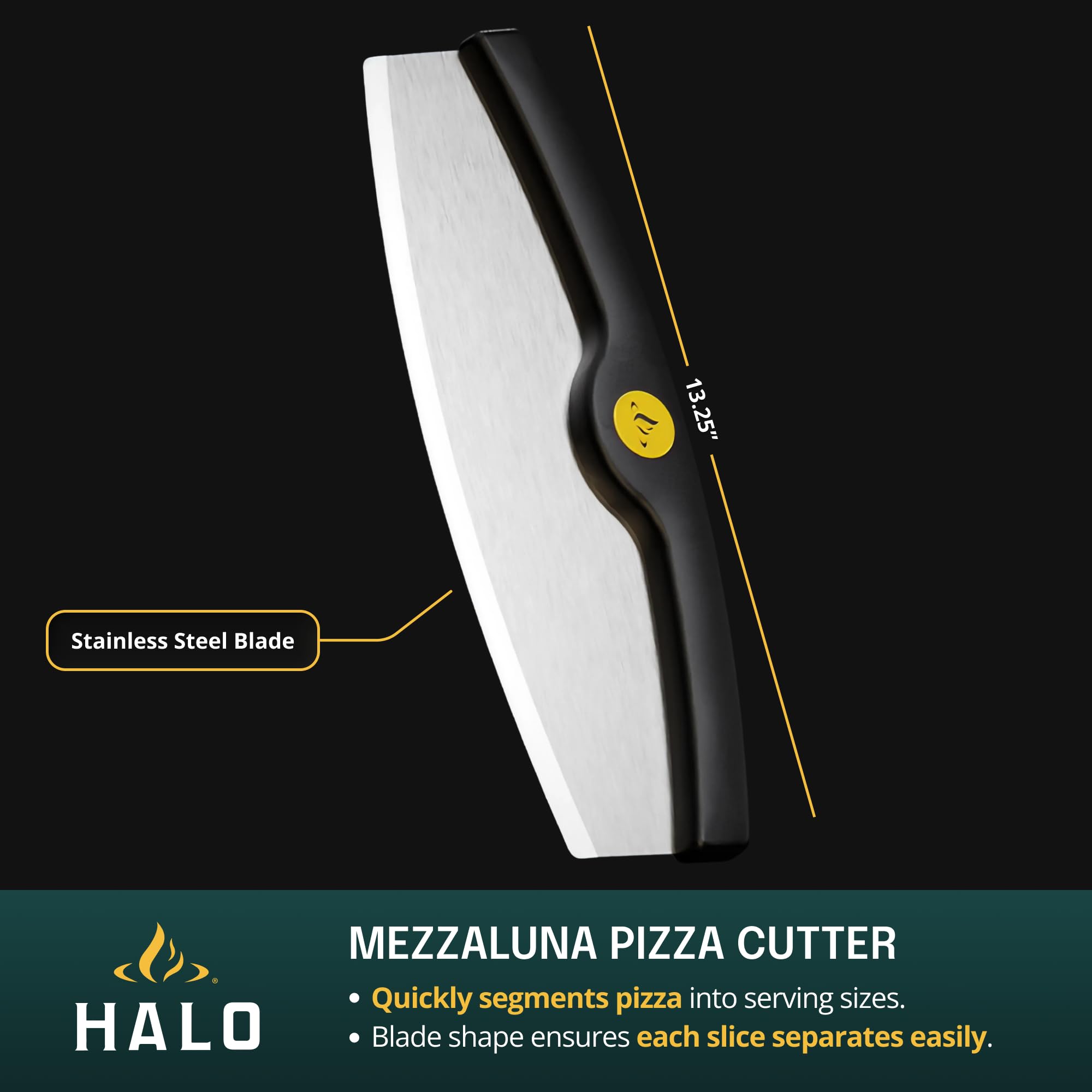 HALO Zestaw do pizzy Cook & Serve, najwyższej jakości skórka ze stali nierdzewnej, krajalnica do pizzy w stylu Mezzaluna, bambusowe deski do krojenia, wysokiej jakości szczypce do pizzy