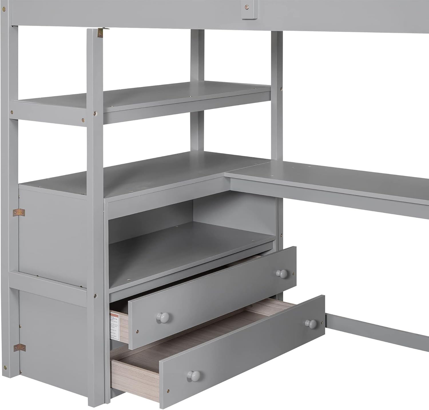 Close-up of the desk and shelving area of the Polibi Twin Size Loft Bed, showing two open storage drawers beneath the lower shelf.