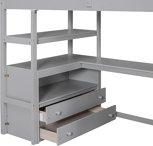 Miniatura 24 de Quarte Cama alta multifuncional, cama alta tamaño matrimonial con escritorio integrado y estantes de almacenamiento, dos cajones y escalera de