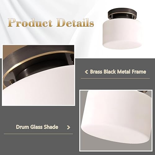Miniatura 3 de KCO Lámpara de techo semiempotrada 1 lámpara de techo dorada de mediados de siglo, luz de techo negra cerca del techo con pantalla de vidrio