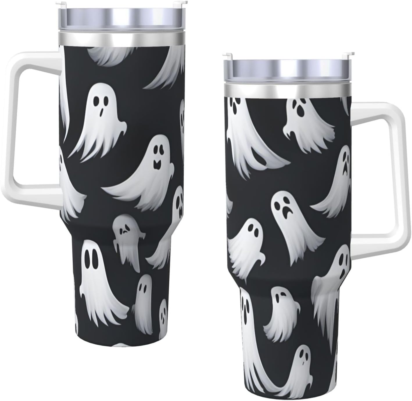 40 OZ Cute White Ghost Halloween Pattern 1 Print Ice Bully Cup with Handle Straw Lid Straw,Stainless Steel Tumbler Coffee Cup