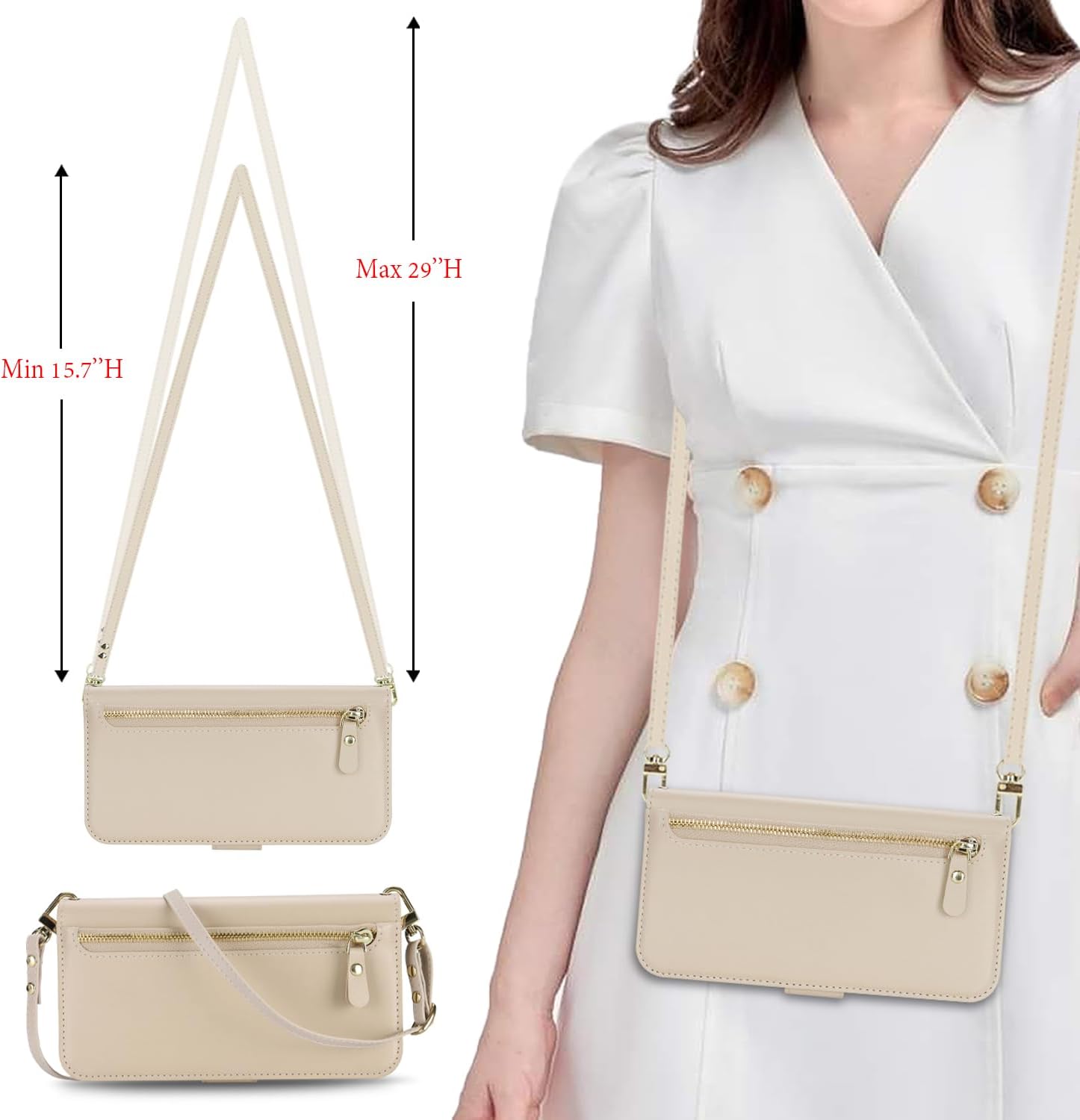 Lipvina for iPhone 16 Pro Wallet Case for Women,Zipper Pocket,PU Leather Phone Case Stand flip Cover Crossbody Lanyard Strap Zipper Credit Card Holder Slots for Apple 16 Pro,Beige