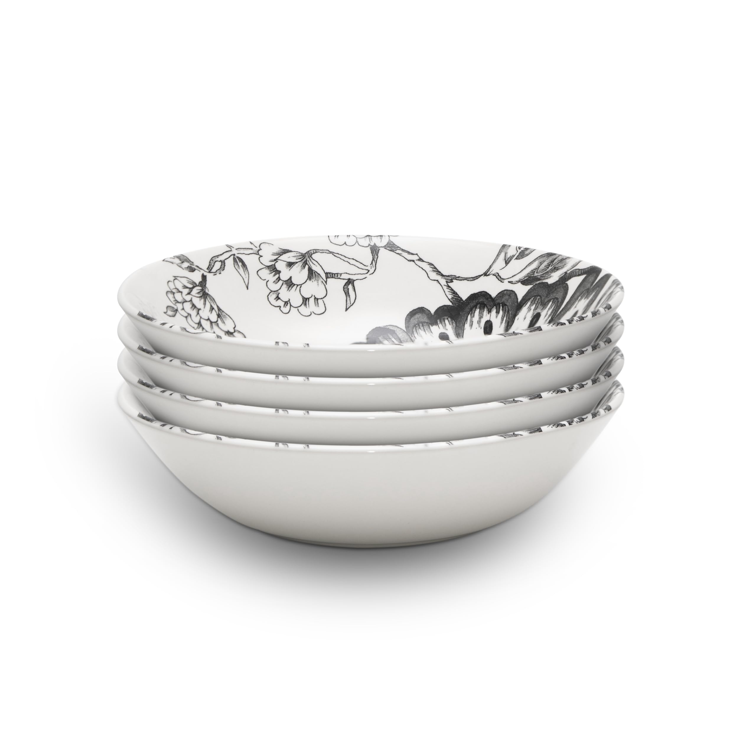Wade Botanical Night Set of 4 Cereal Bowls with Black Floral Design, Crafted from Earthenware, Made in Stoke-on-Trent, 19cm