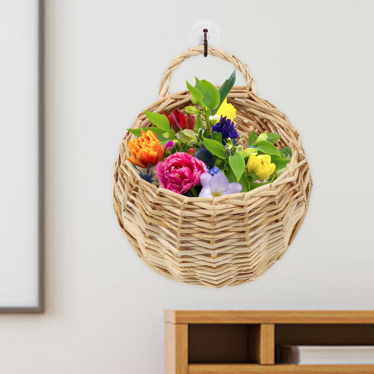 Rattan Woven Hanging Basket 9X7X3.5 Inch Wall Planter for Indoor Outdoor Use Wicker Wall Basket for Plants and Artificial Flowers Decorative Storage Organizer