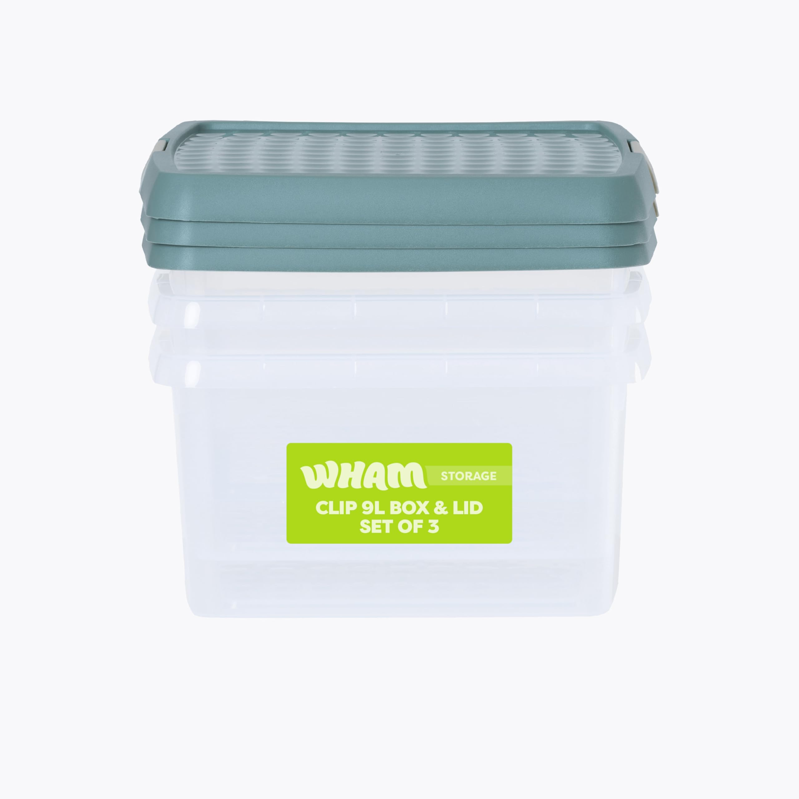 Wham Clip 3x 9L Square Plastic Storage Boxes - Clip Lock Lids - Green