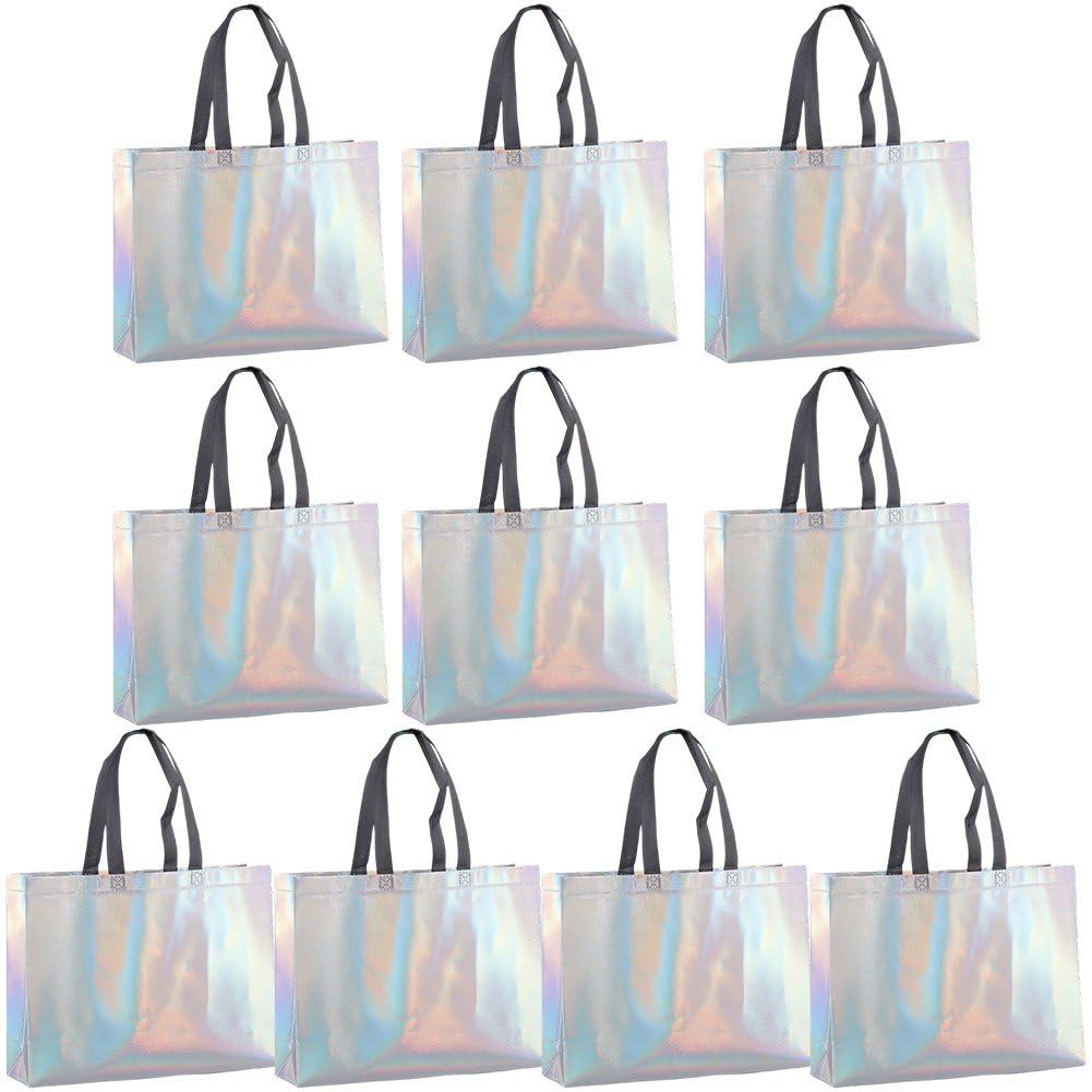 Casiler 10pcs Holographic Gift Bag Non-woven Reusable Organizer Tote Grocery Shopping Bags for Bridesmaids Wedding Party