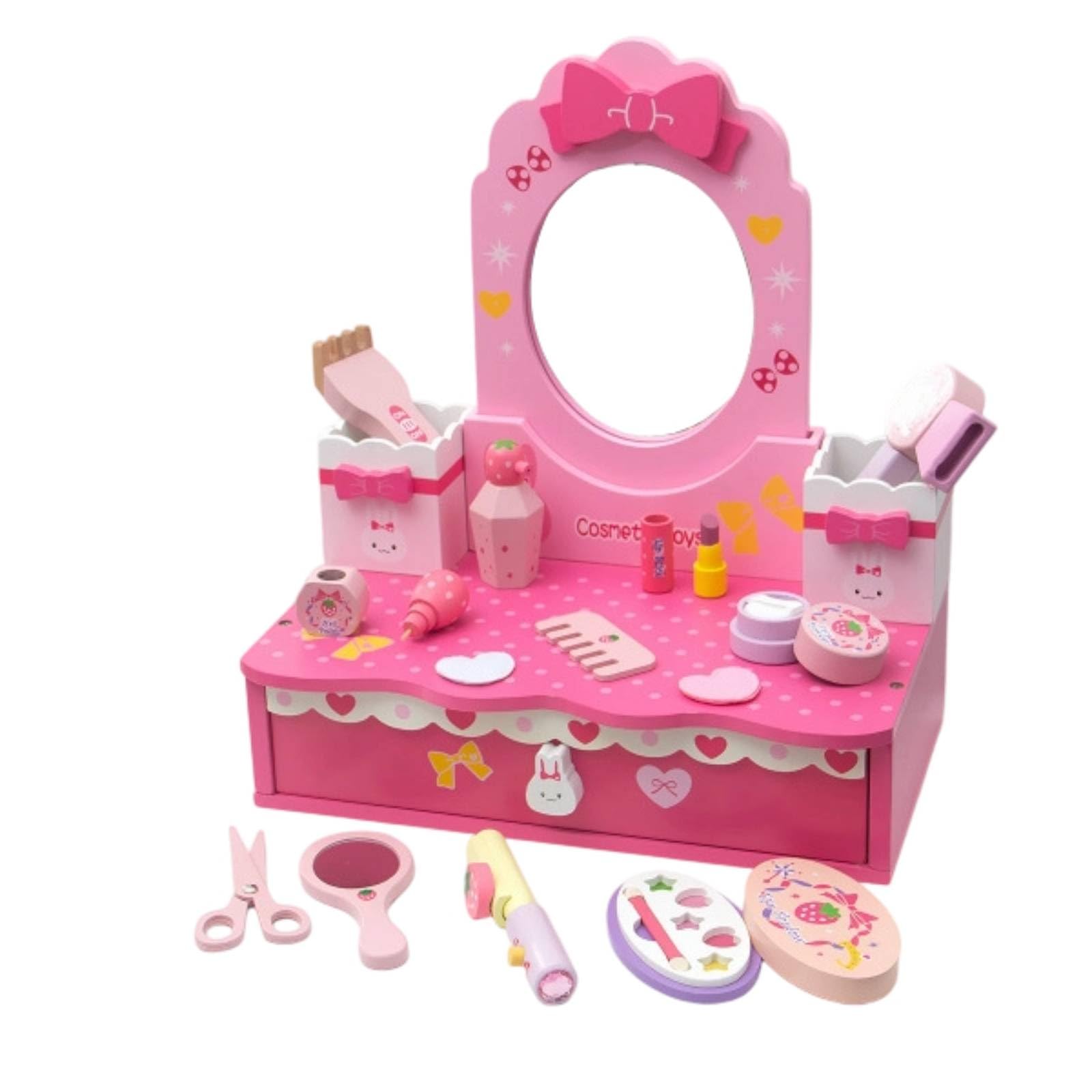 MagiDeal Tocador de Juguete con Espejo y Cajones para Niñas Pequeñas Madera Estable Diseño Clásico Compartimentos Juego de Maquillaje Fomenta
