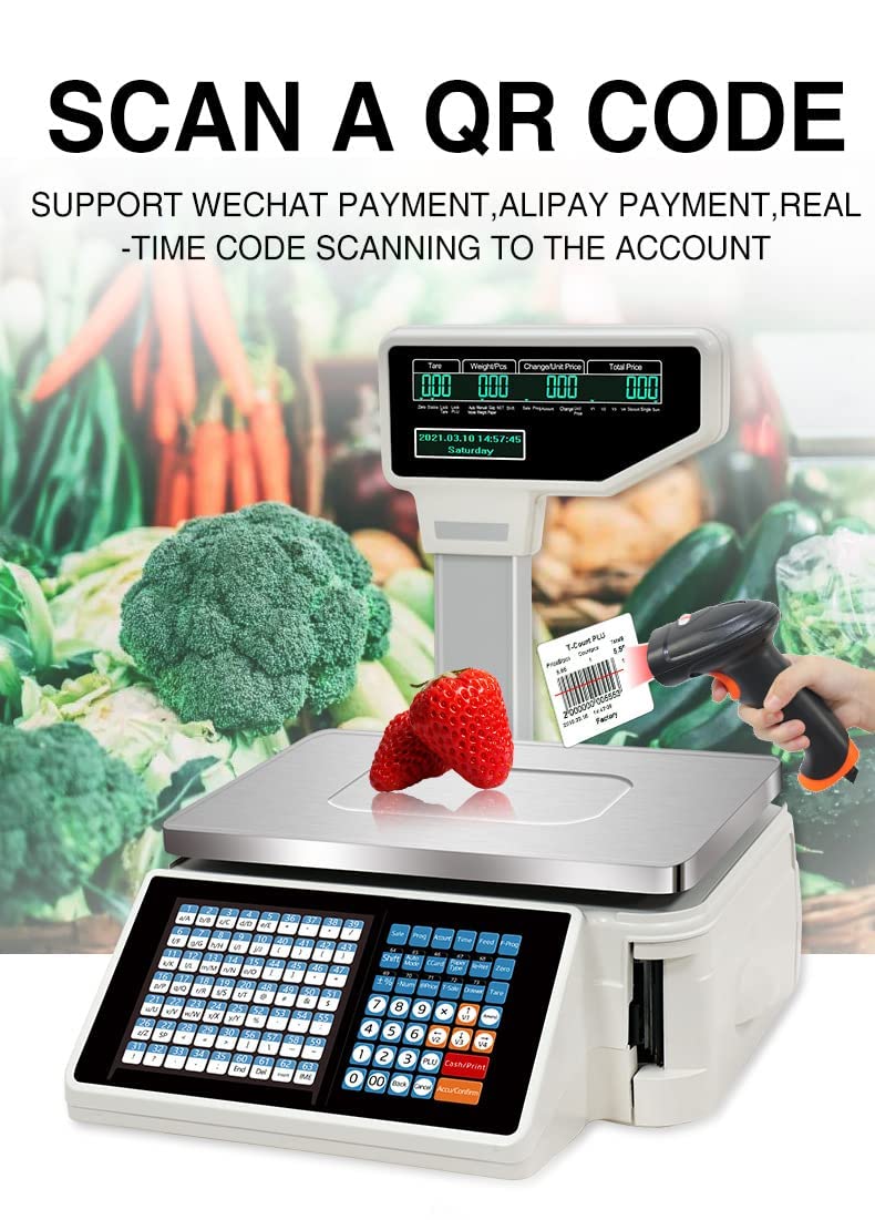 Cyfrowa waga kodów kreskowych z nadrukiem etykiet, podwójny wyświetlacz – komercyjna kasa fiskalna do ważenia supermarketów/sklepu detalicznego / magazynu (maszyna + pistolet)