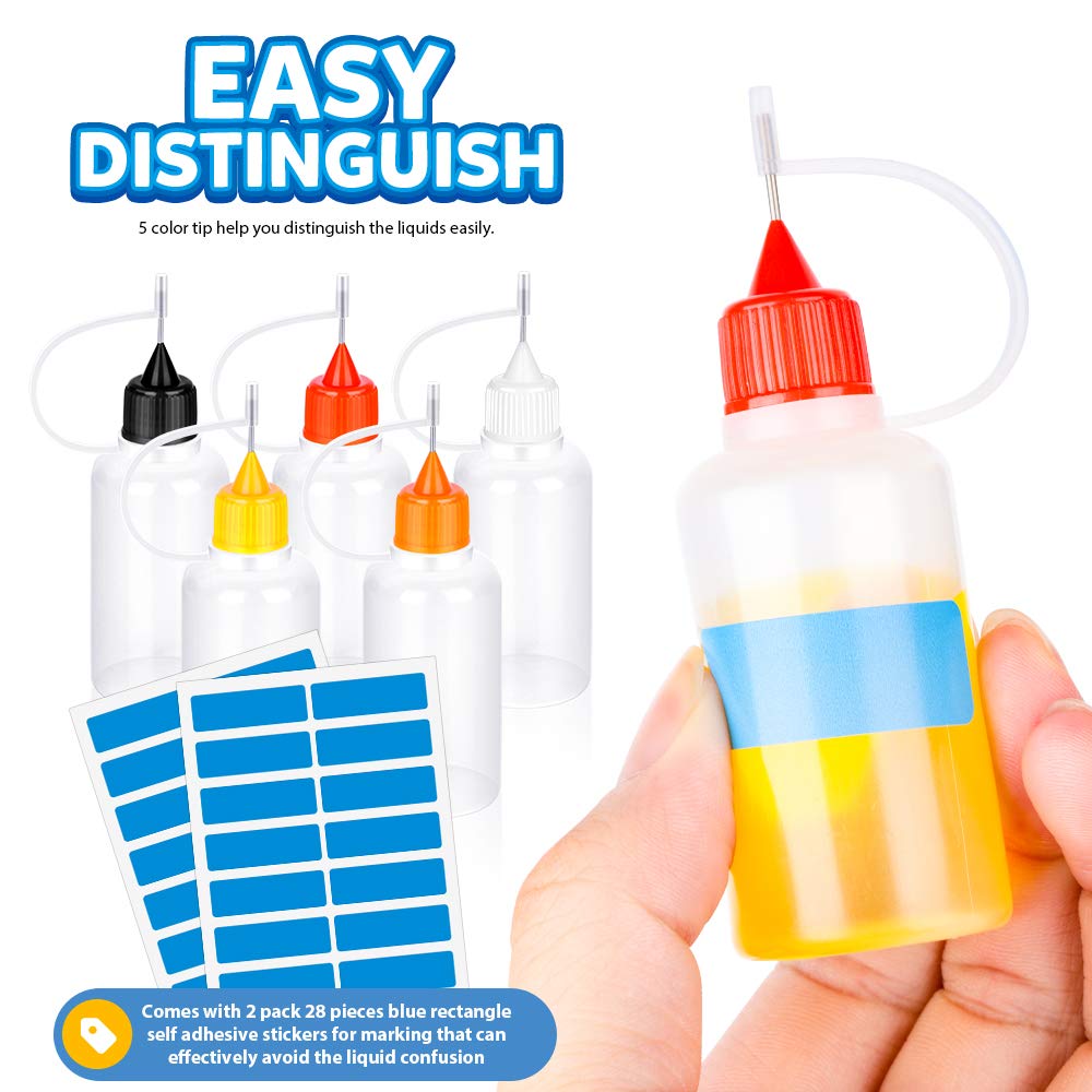 15 PCS Precision Tip Applicator Bottle, FANDAMEI Glue Applicator Bottles with 5PCS Mini Funnel&28PCS Sticker. 30ml/1 Ounce Metal Needle Tip Bottle for Alcohol Ink DIY Quilling Craft Acrylic Painting