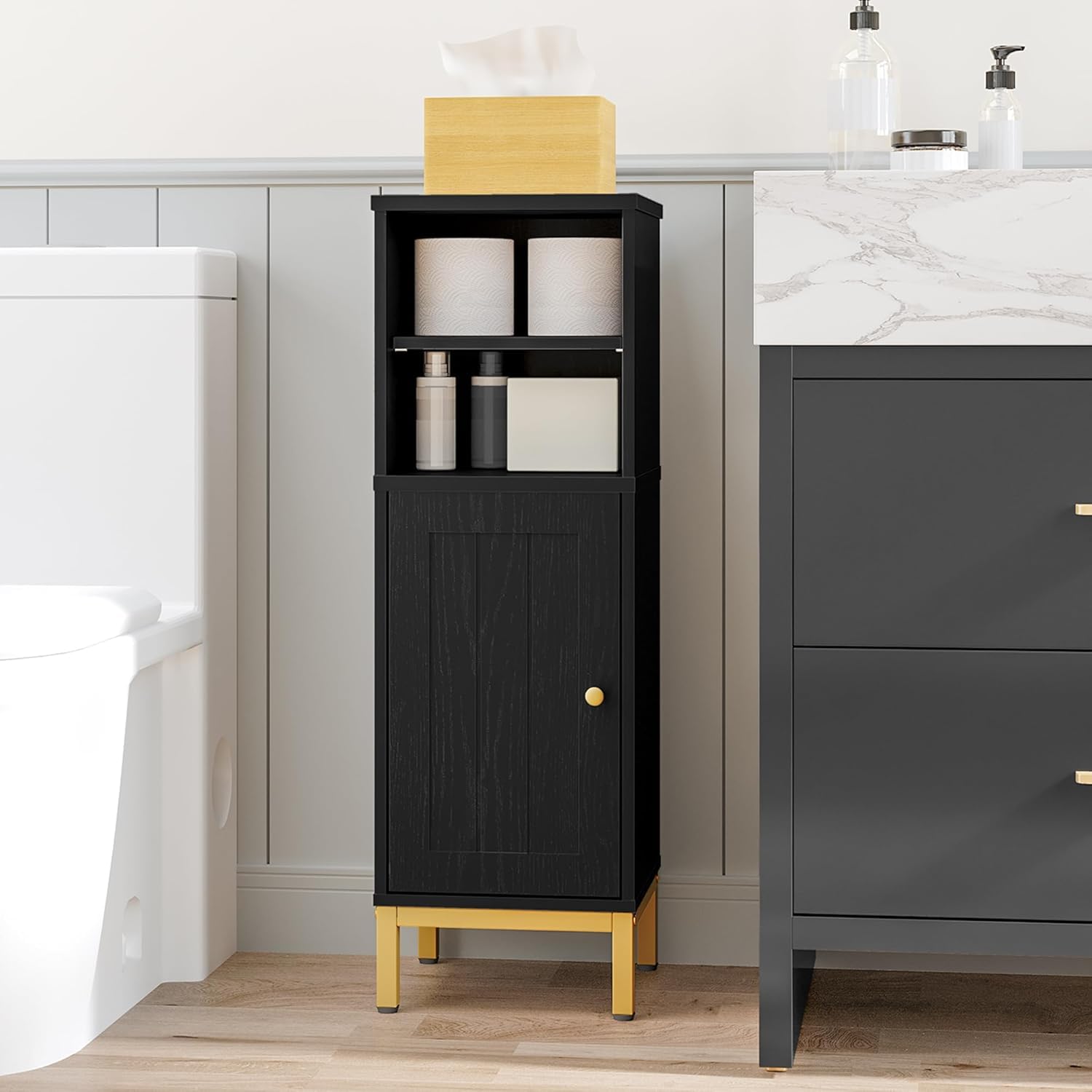 Hzuaneri Bathroom Storage Cabinet, Corner Floor Cabinet with Shelves, Customized Door Opening Direction, Bathroom Organizer with Adjustable Shelf for