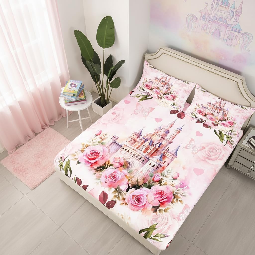 Manfei Girls Castle Fitted Sheet Twin Size,Dreamy Princess Castle Bed Sheet Pink Rose Flowers Bedding Set for Kids Adults Butterfly Floral Deep Pocket Sheet 2Pcs,No Top Flat Sheet