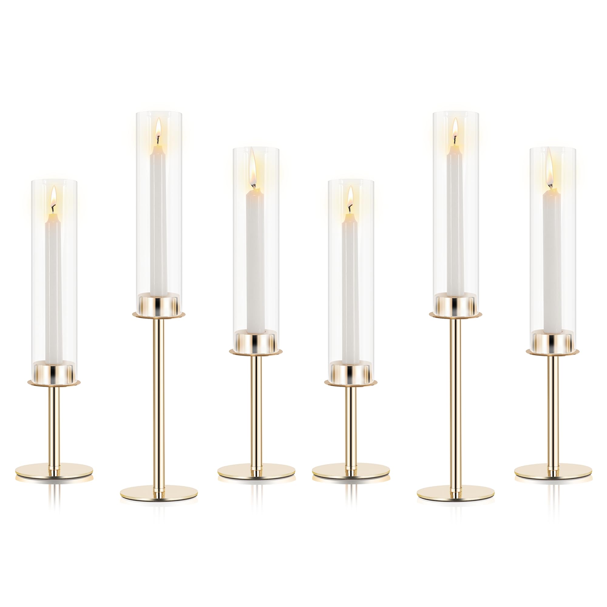 Ronasip Hurricane Candle Holders Set of 6 Metal Candlestick Holder for Glass Taper Tall Candle Holders with Crystal Chimney Tube Candles Stands for Home Decor, Christmas, Dinning (6, Gold)
