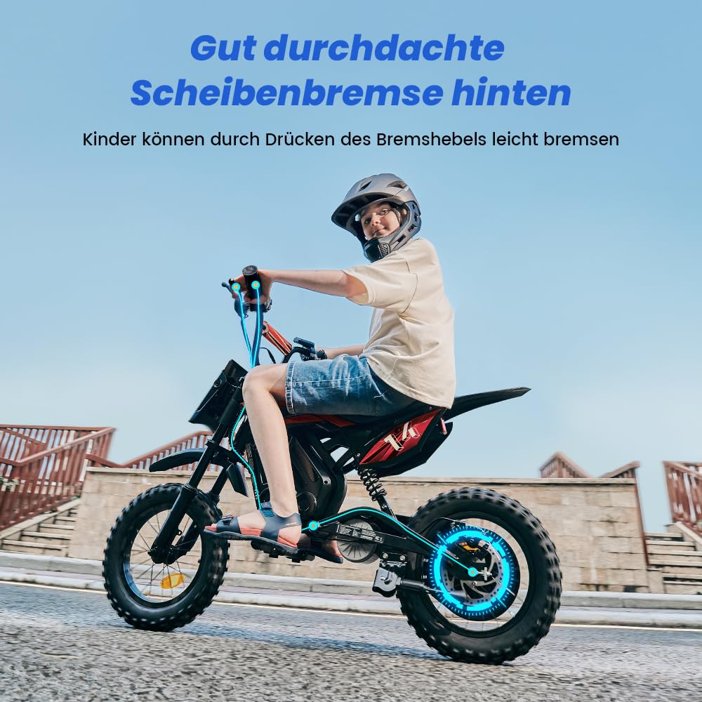 A14 Elektro Motorrad Kinder | 36 Volt 250 Watt Motor bis 22 km/h | E Bike | Dirt Bike | Electric Bike | Motocross |14 Zoll Kinder Motorrad elektrisch | Pocketbike | Dirtbike ab 6 Jahren (Rot)