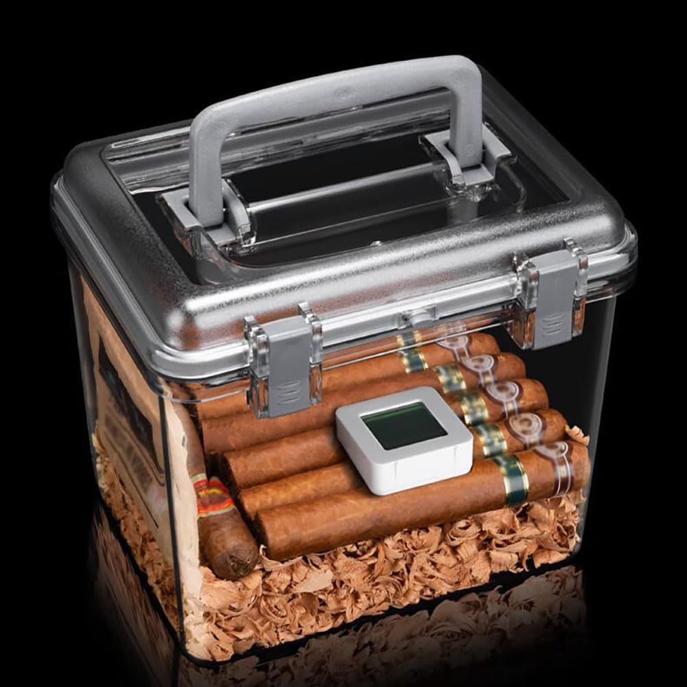 Acrylic Cigar Humidor Box/Case with Hygrometer,Includes Cedar Wood Chips & Moisturizing Tablets,Transparent Sealed Cigar Humidor,Desktop Cigars Case Box,White s