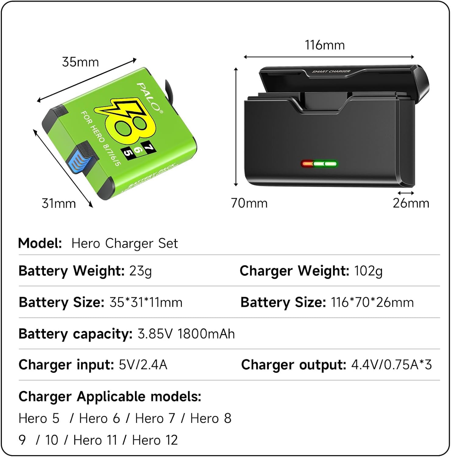 2 batterie per Hero 8/7/6/5 Black e caricatore per Hero 12/11/10/9/8/7/6/5 Black – Caricabatterie con accessori per batteria, ricarica Chnell, bassa temperatura adatta