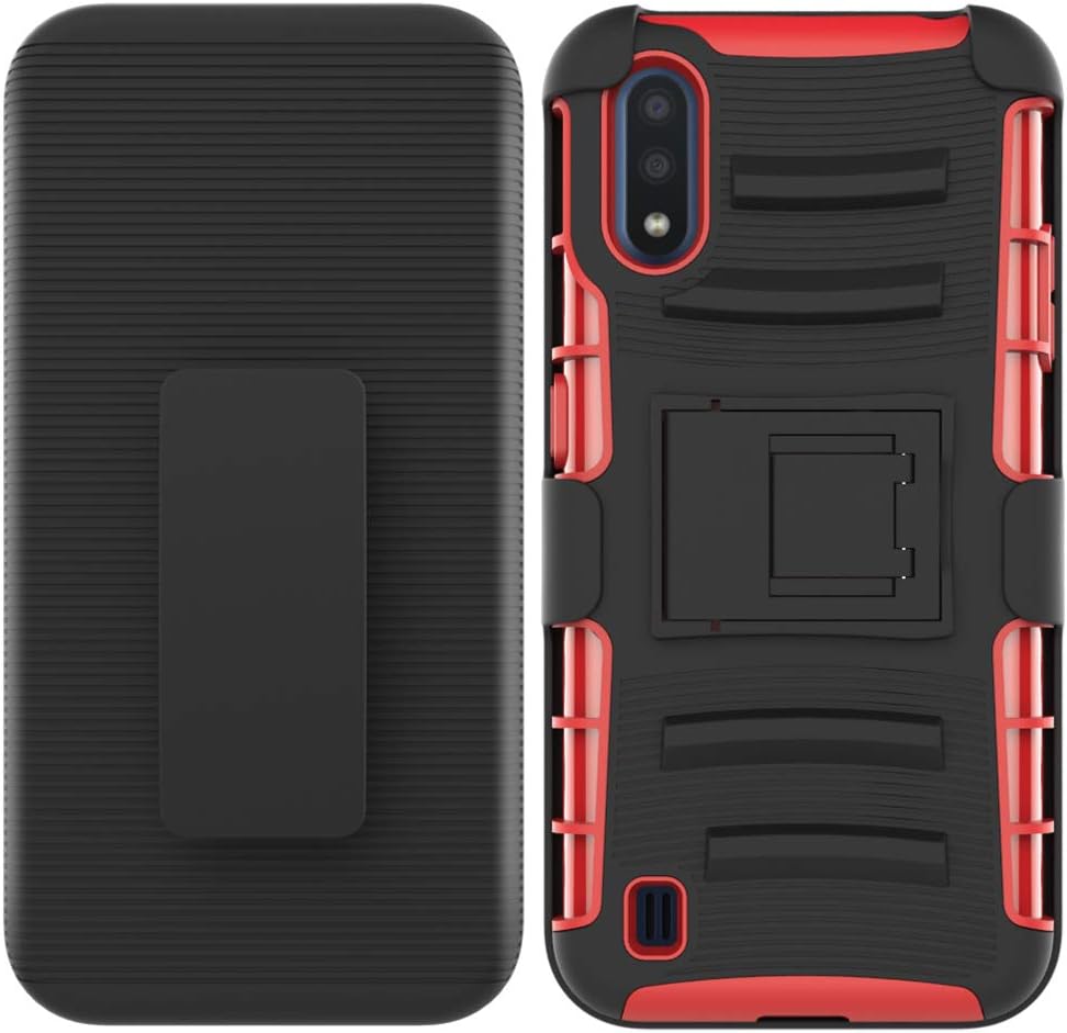 ChangeJ Compatible for Samsung A01 Case, Military Grade Protection with Tempered Glass Screen Protector Holster Belt Clip Amor Kickstand Case for Samsung Galaxy A01 - Light Red