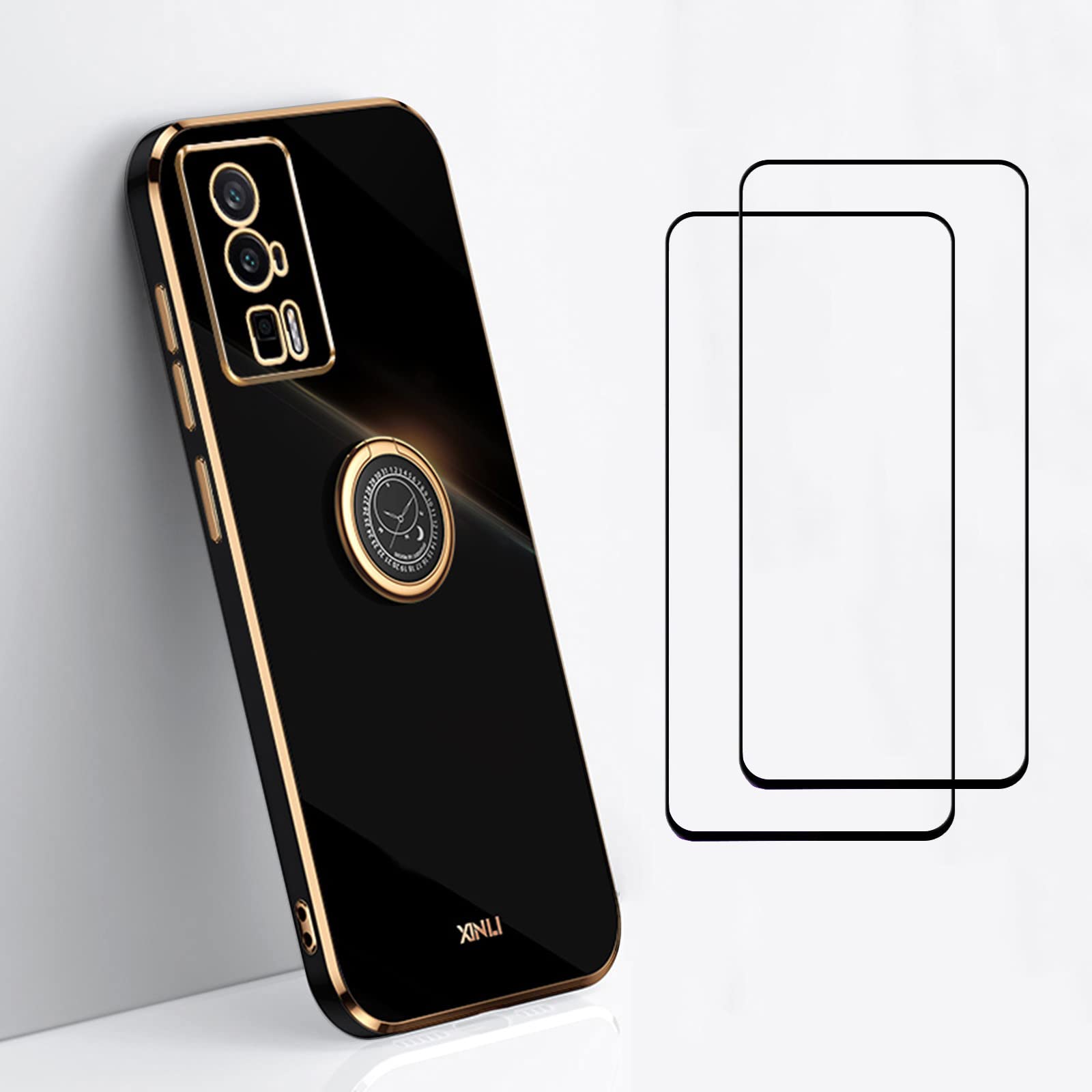 EasyLifeGo for Xiaomi Poco F5 Pro 5G Case with Screen Protector Tempered Glass [2 pieces],Soft TPU Shockproof 360 Degree Ring Holder Kickstand Slim Plated Phone Case Cover-Black