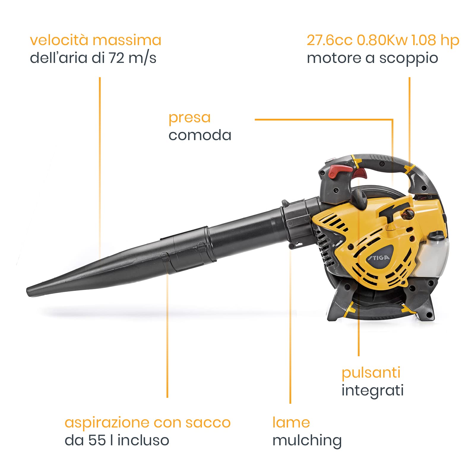 STIGA Soffiatore a Scoppio SBL 327 V, Doppia Funzione Soffiatore-Aspiratore, 800 W, Sacco da 55 L Incluso
