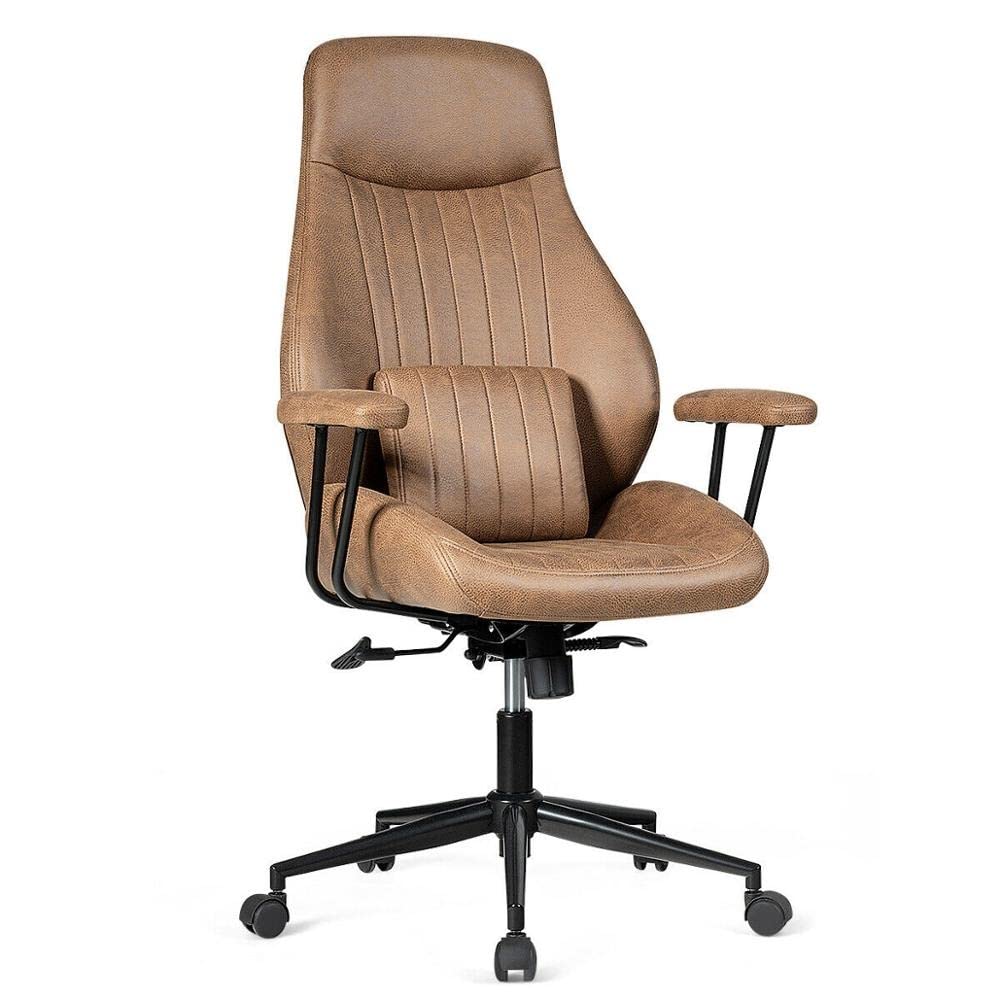 Reclining Leather Chair with Padded Armrests Lumbar Support Executive Office High Back Swivel Computer PU for Work Study