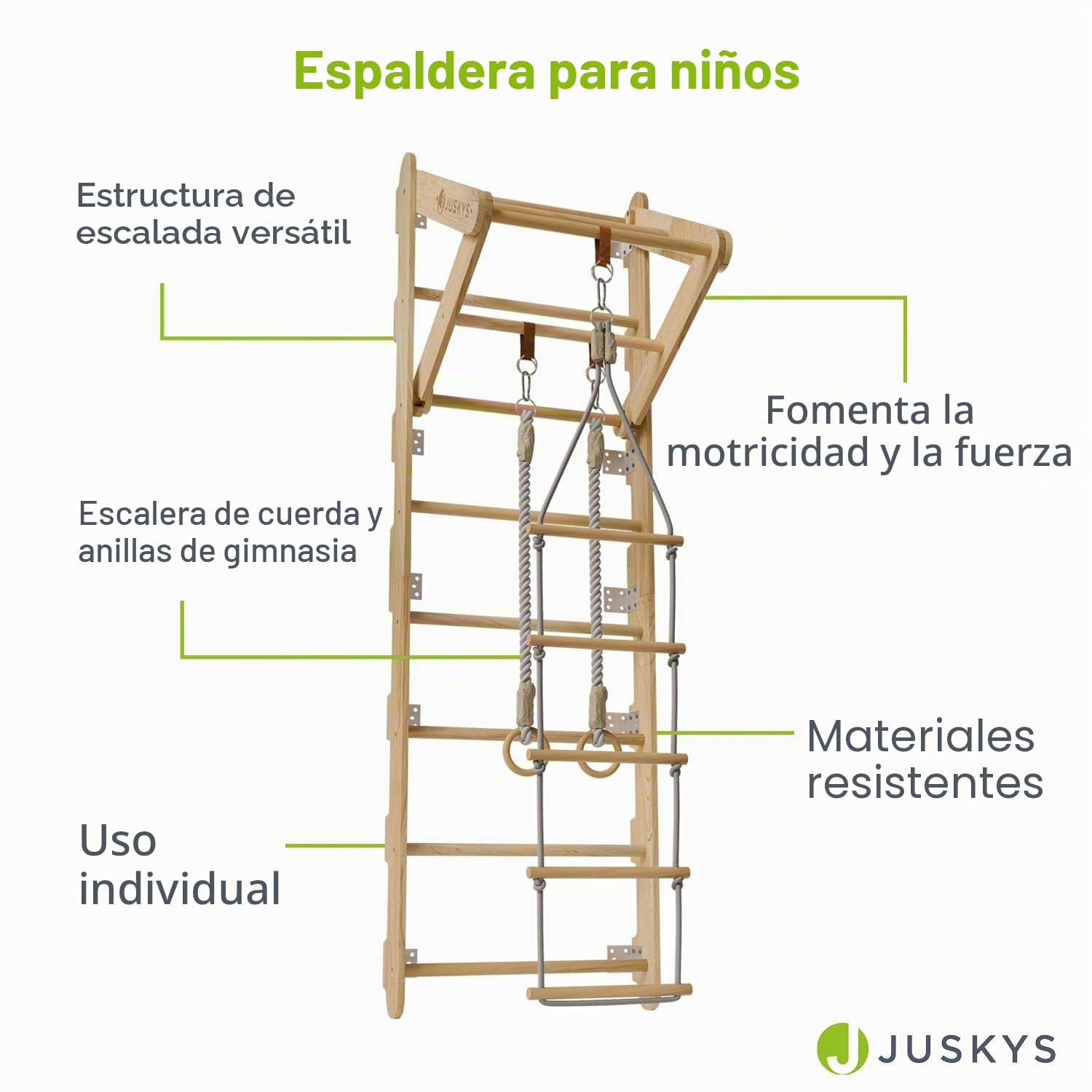 Juskys Espaldera para Niños - con Barra de Tracción, Estructura de Escalada Interior con Anillos de Gimnasia y Escalera de Cuerda, Pared de Escalada para Habitación Infantil, Barra Deportiva