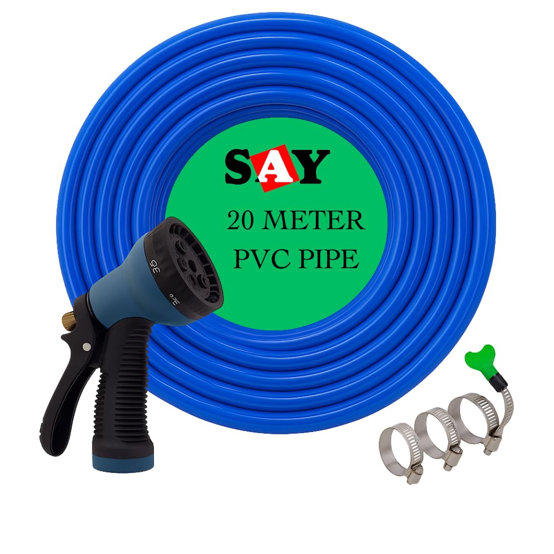 SAY 20M 0.5 Inch PVC Garden Hose Pipe with 8 Pattern Spray Gun with 3 Clamps and tap Connector - Blue | Heavy Duty Water Pipe for Garden, Car Washing, Garden Pipe for Home