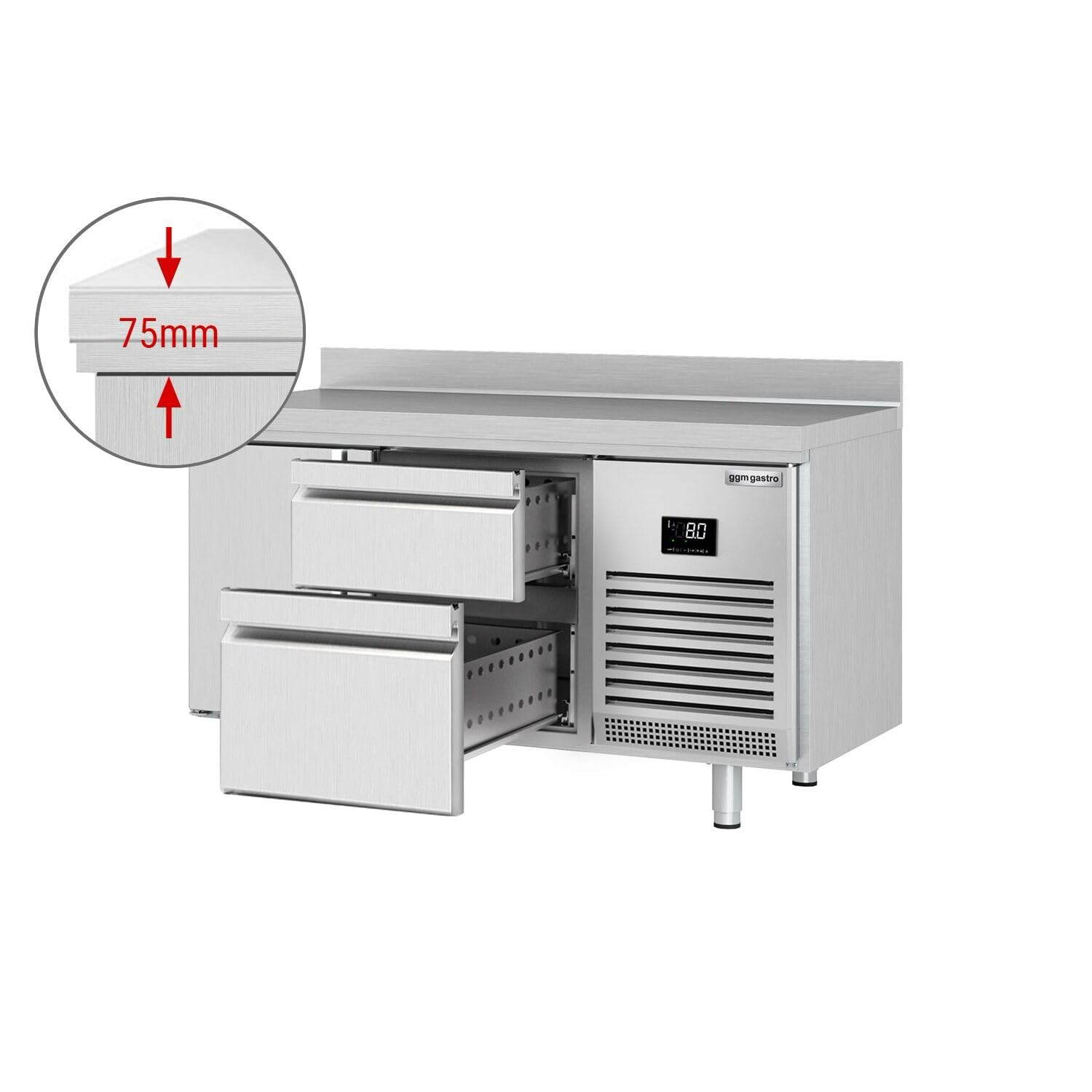GGM Gastro KTI156T1S2313 Refrigerated Counter with two drawers open and one door closed