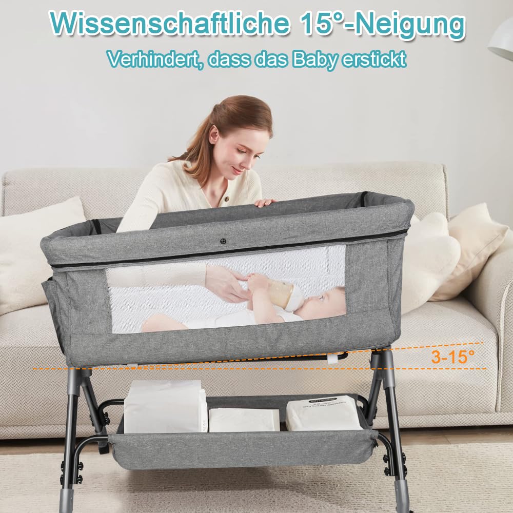 OHMG 3 en 1 Berceau Cododo,Lit Cododo Bebe Pliable,0-36 Mois,20 kg Max,Réglable Inclinaisons et 4 Hauteurs,Système Coulissant,Matelas Confort,Grand Panier (Gris（104 * 52 * 100-110cm）)