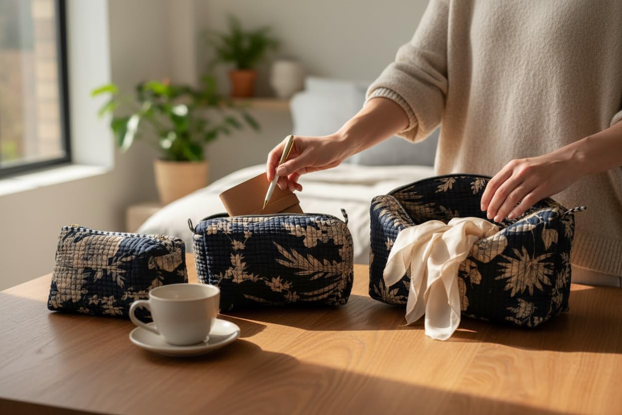 Cotton Hand Block Floral Print Toiletry Bag for Women, Makeup Cosmetic Organizer, Travel Accessories Set of 3 (dark blue-floral-b) image 5