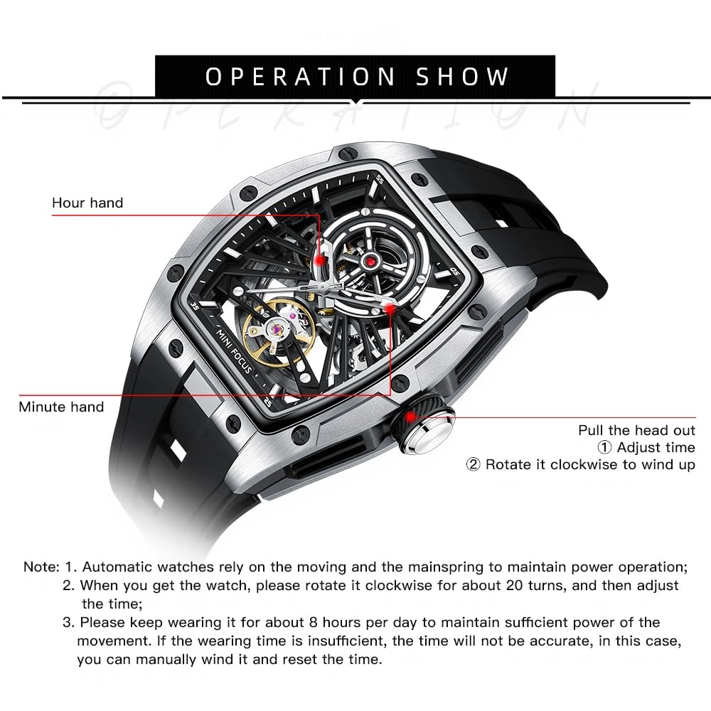 AIMES Tonneau Herren-Automatikuhr, luxuriöse Skelett-Uhren für Herren, automatischer Aufzug, mechanisch, wasserdicht, analog, einzigartig, cool, quadratisch, großes Zifferblatt, Armbanduhr mit