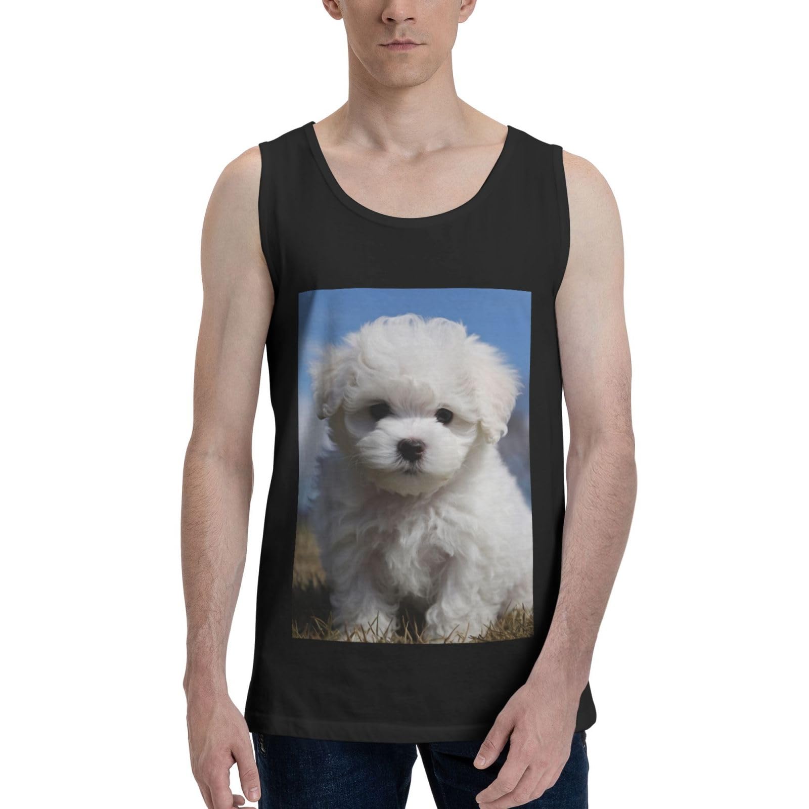 asbwuo Bichon Frise Dog Men's Tank Tops Moisture-Wicking Cotton Sleeveless Shirts Casual Gym Workout Tank Shirt Black