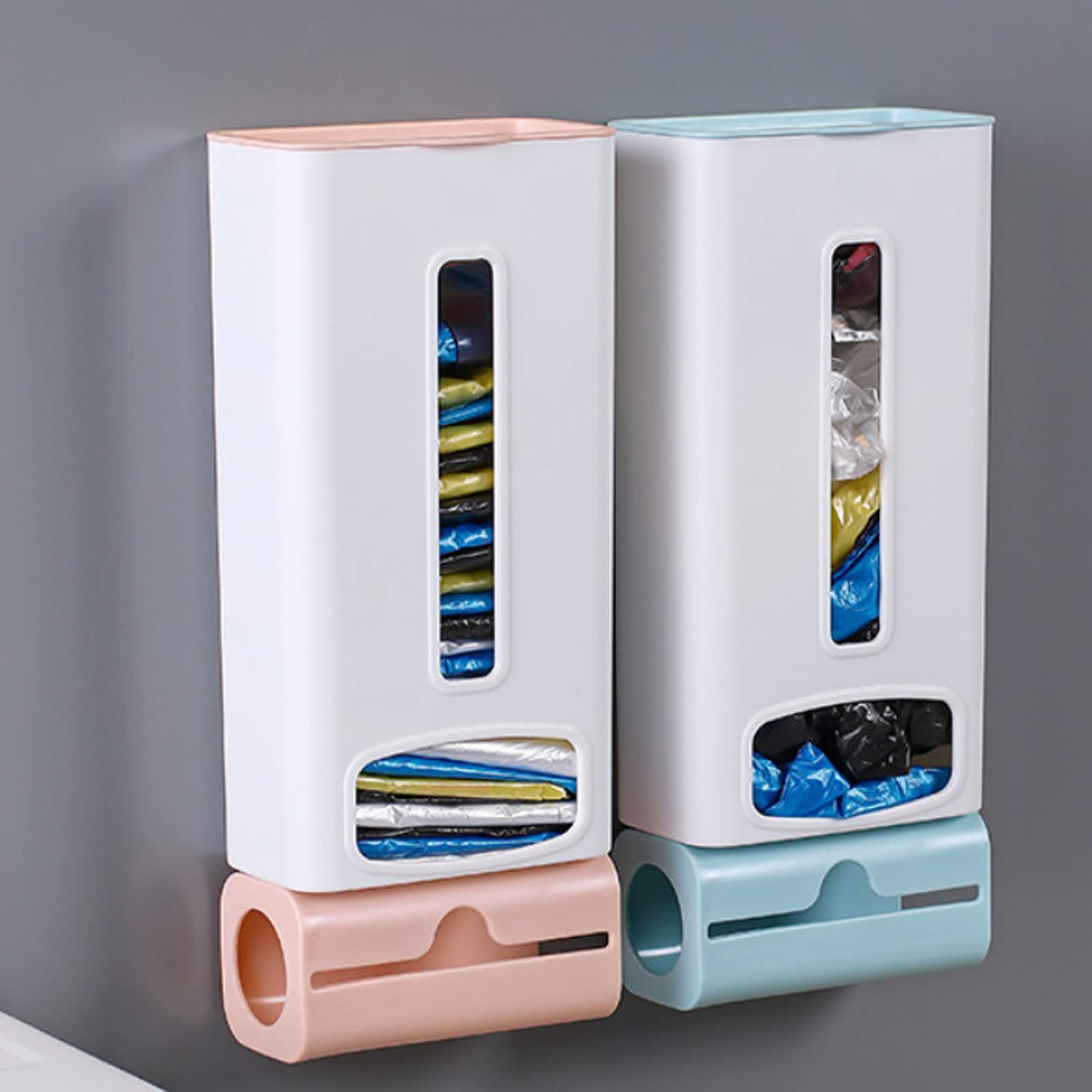 Dispensador de bolsas de plástico autoadhesivo para montar en la pared, caja de almacenamiento de basura de fácil acceso para armarios, color azul oscuro, fácil instalación, para tu espacio