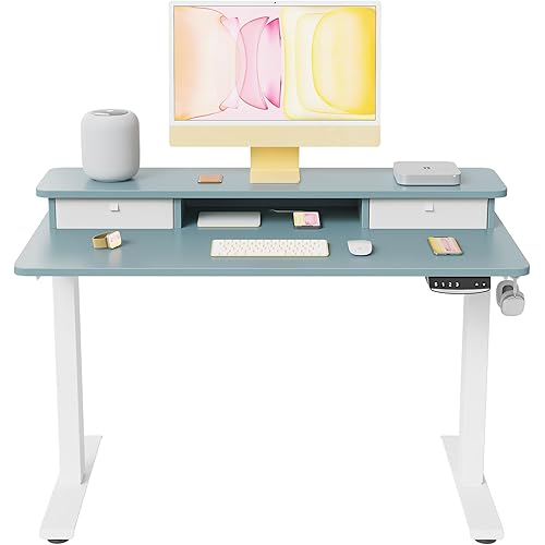 FEZIBO 40 x 24 Inch Electric Standing Desk with 2 Drawer, Height Adjustable Stand Up with Storage, Sit Stand Desk with Monitor Stand, White Frame/Blue