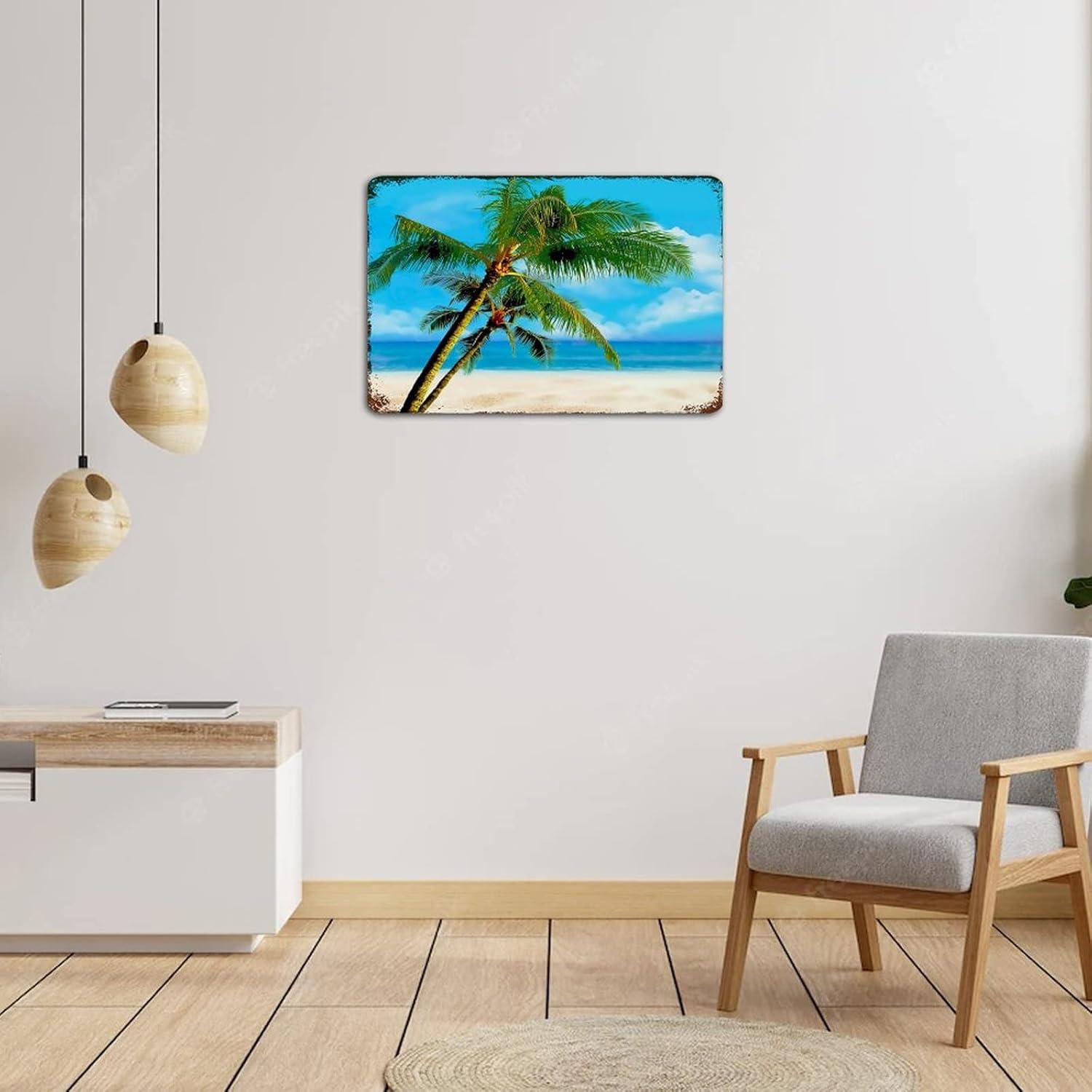 Funny Novelty Metal Plaque Beach Scene Tropical Palm Trees Wall Decor Art Poster Men Indoor Yard Summer Blue White Sand Painting Metal Sign Gift for Fence 12x18 Inch