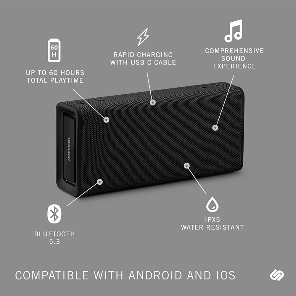 Urbanista Brisbane Plus głośnik Bluetooth 5.3, przenośny głośnik bezprzewodowy z drugim systemem parowania do odtwarzania stereo, czas odtwarzania 60 h, wodoodporność IPX5, ładowanie USB C, czarny
