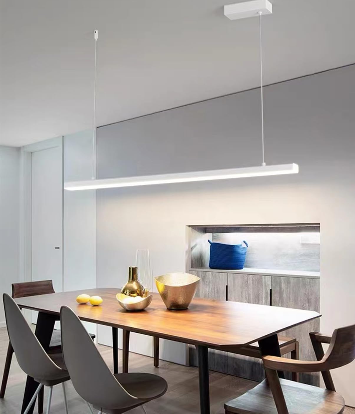 LED Pendant Lamp Dining Table Dimmable, Modern Pendant Lamp with Remote Control, Linear Design Pendant Lamp, Height Adjustable Chandelier Lamp for Dining Room Kitchen Office Lamp (White, L120cm)