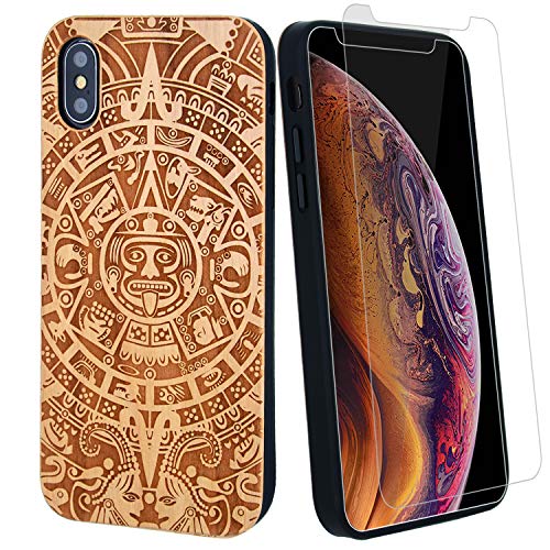 Aztec Mayan Calendar Wood Phone Case Compatible with iPhone Plus 6,6s,7,8 Including Strong 9H Glass Screen Protector, Shockproof Protective Cover, Wireless Compatible Charging