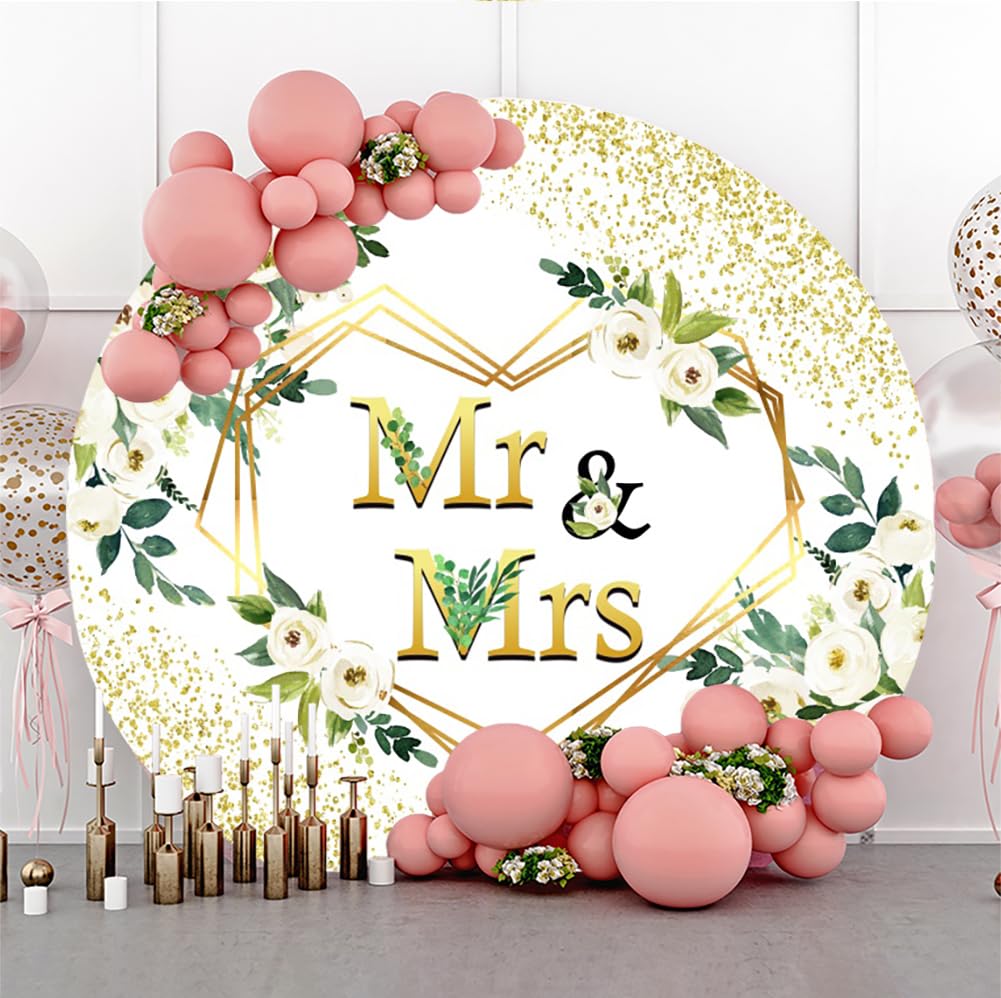 Leyiyi Mr & Mrs runder Hintergrund aus Polyester, 2,3 x 2,3 m, weiße Rose, Blumen, grüne Blätter, Glitzer, goldene Punkte, Verlobung, Zeremonie, Fotografie, Hintergrund, Hochzeit, Brautparty