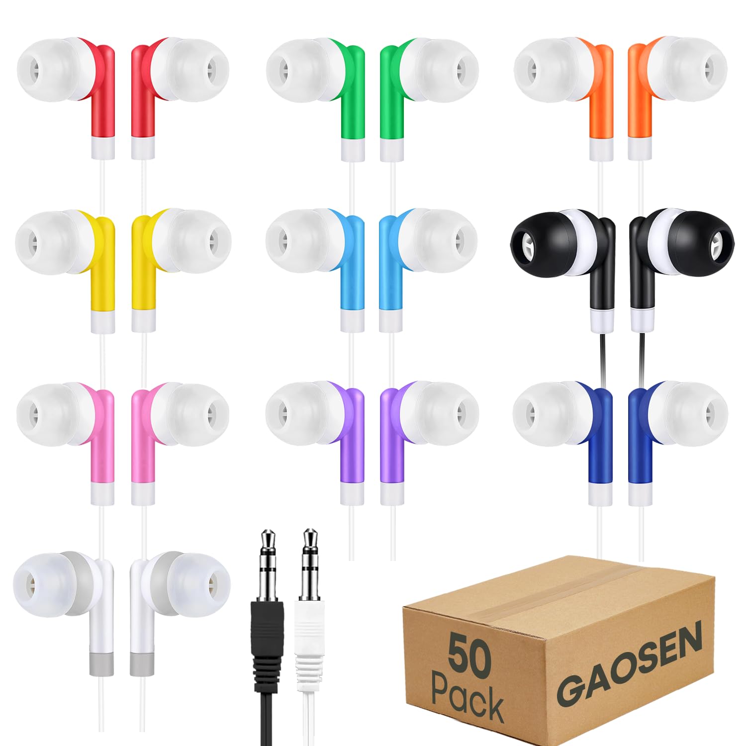 Gaosen 50 Pack Bulk Kids Earbuds for School Classroom, Multi Colored Student Wired Headphones with 3.5 mm Jack in Ear Earphones for Computer Chromebook Laptop PC(GS01, 50 Mixed)