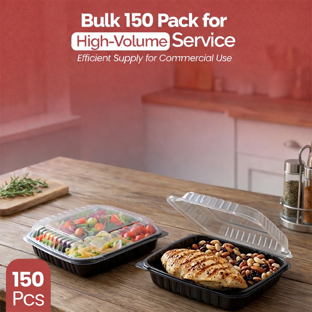 8” x 8” Hinged Takeout Containers – Microwave-Safe Black Plastic Containers with Clear Lids for Catering – Reusable & Disposable 1-Compartment Food Containers with Leak-Resistant Design –150 Pack