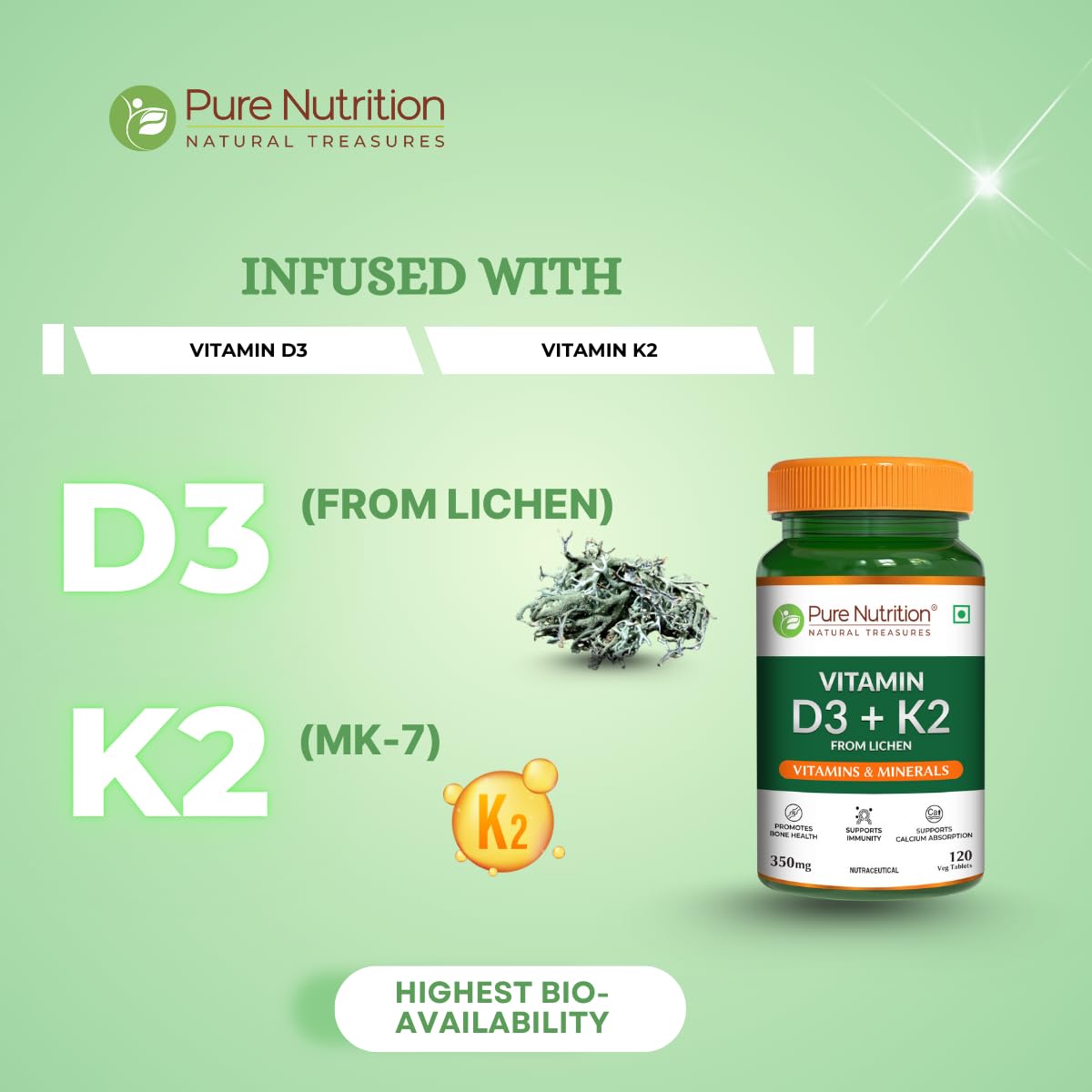 Pure Nutrition Vitamin D3 K2 – 120 Tablets | High Absorption Vitamin D3 from Lichen + MK7 for Strong Bones, Joints & Heart | Boosts Calcium Absorption, Supports Immunity & Muscle Strength | Ideal for Bone & Cardiovascular Health — Amazon image 3