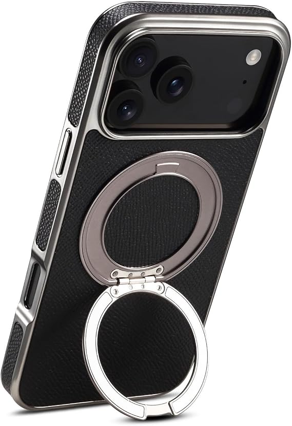 Apple iPhone 17 Pro Max対応ノーブランドケース カラー:グリーン ソリッドレザーメッキフレーム メタルリング ハードバックケース