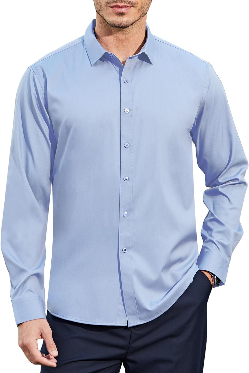 Casey Kevin Men's Stretch Wrinkle Free Dress Shirts Long Sleeve Solid Formal Wedding Prom Button Down Shirt