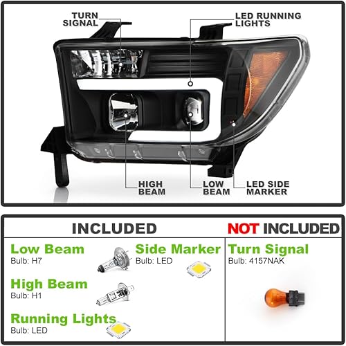 Miniatura 2 de ACANII - Para 2007-2013 Toyota Tundra 08-17 Sequoia Pickup Negro LED Tubo Proyector Faros Faros Par Izquierdo+Derecho