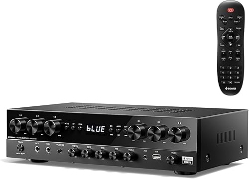 Donner Stereo Receivers, Premium 1000W Peak Power 6 Channel Audio Amplifier with Bluetooth 5.3, USB, FM, 2 Mic-in, Echo, RCA, Fiber/Coaxial Input for Home, Karaoke, Theater Speakers, MAMP6