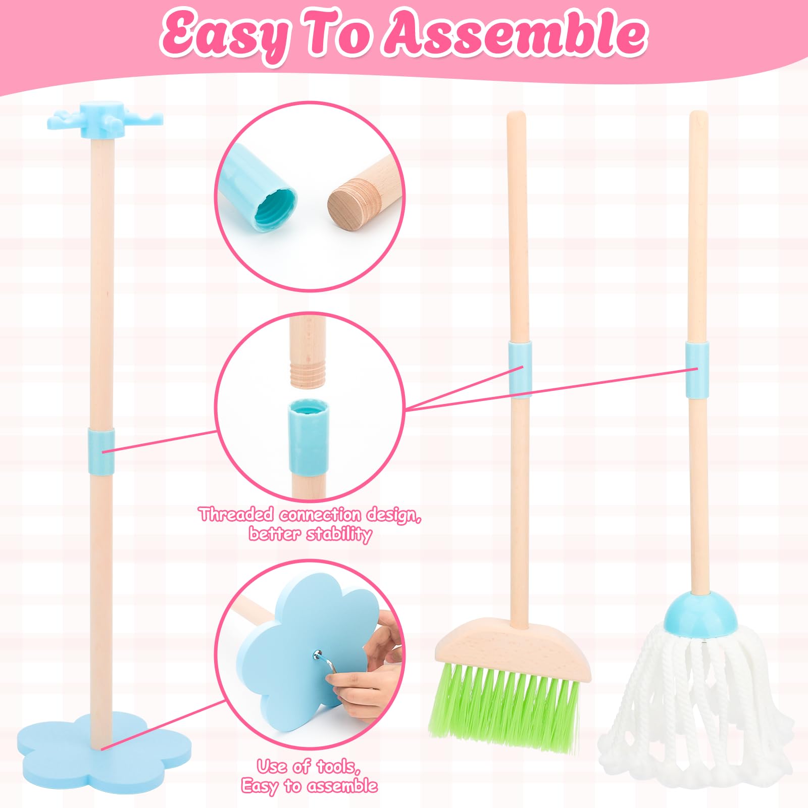 Juego de limpieza para niños, juego de escoba de madera para tareas domésticas, 7 piezas de juguetes de limpieza Montessori con juego de escoba y trapeador para niños, regalo para niños y niñas a 3