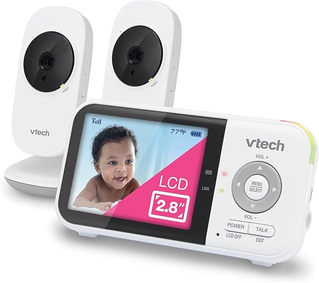 VTech VM819-2 Video Baby Monitor with 19-Hour Battery Life, 2 Cameras, 1000ft Long Range, Auto Night Vision, 2.8 Screen, 2-Way Audio Talk, Temperature Sensor, Power Saving Mode and Lullabies, 480p